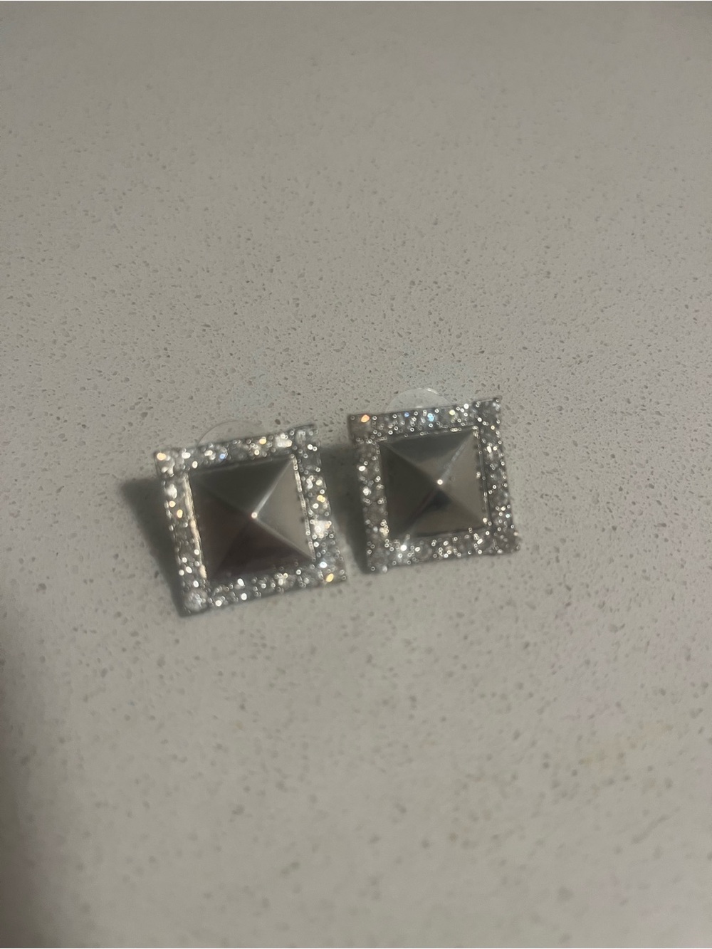 Silver Pyramid Stud Earrings with Pavé Border